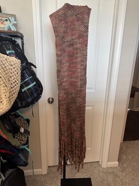 Handmade Long Knit Fringe Scarf in Mixed Brown and Pink